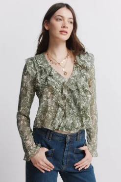 Blouse à volants imprimée en gaze