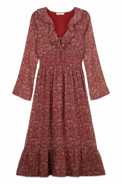Robe midi imprimé avec décolleté à volant