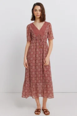 Robe midi imprim&eacute; frise d&eacute;collet&eacute;