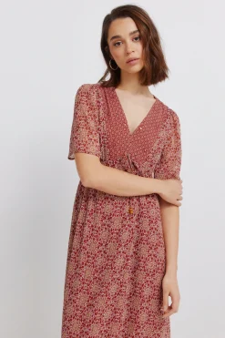 Robe midi imprim&eacute; frise d&eacute;collet&eacute;